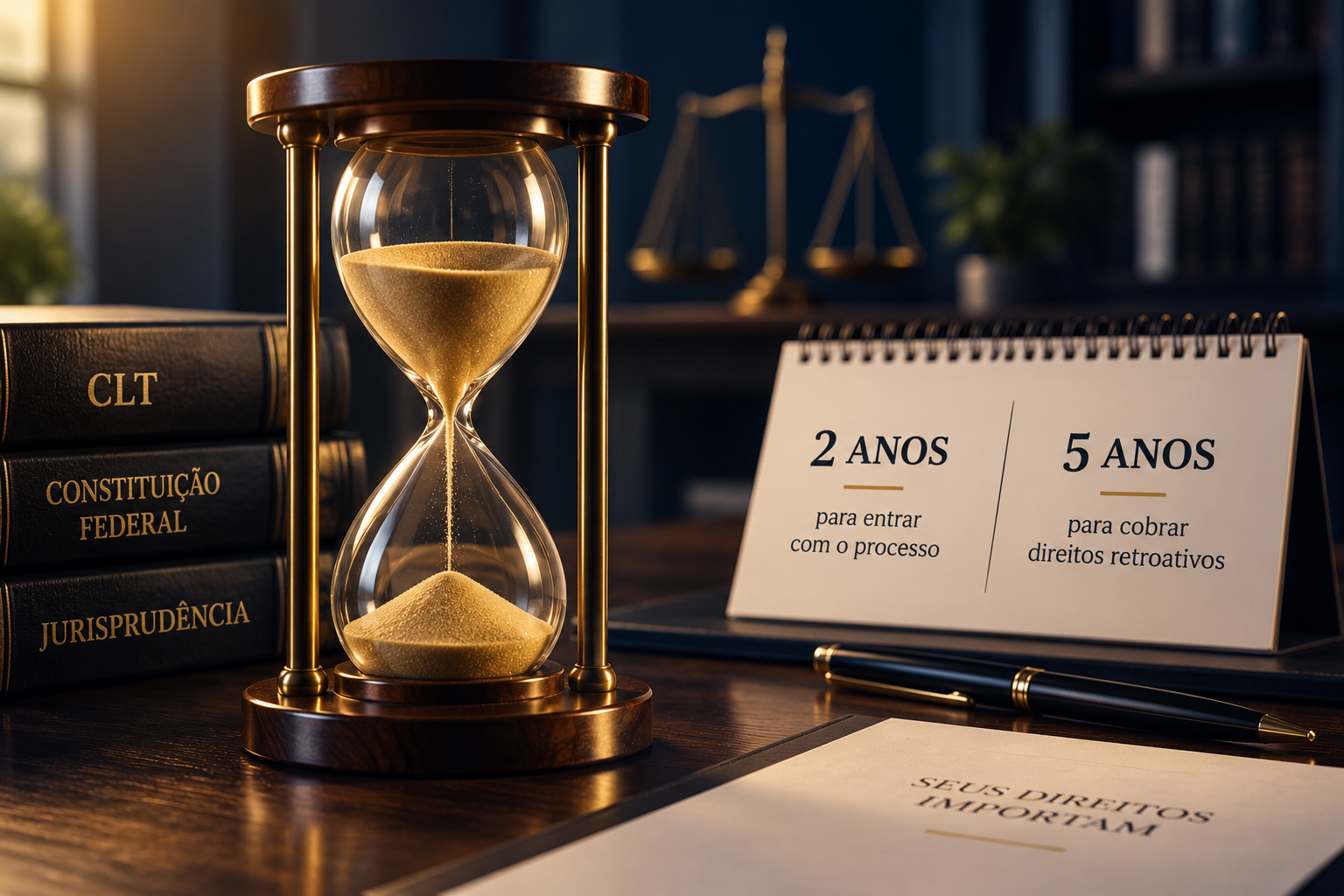 Ampulheta e documentos representando prazos trabalhistas